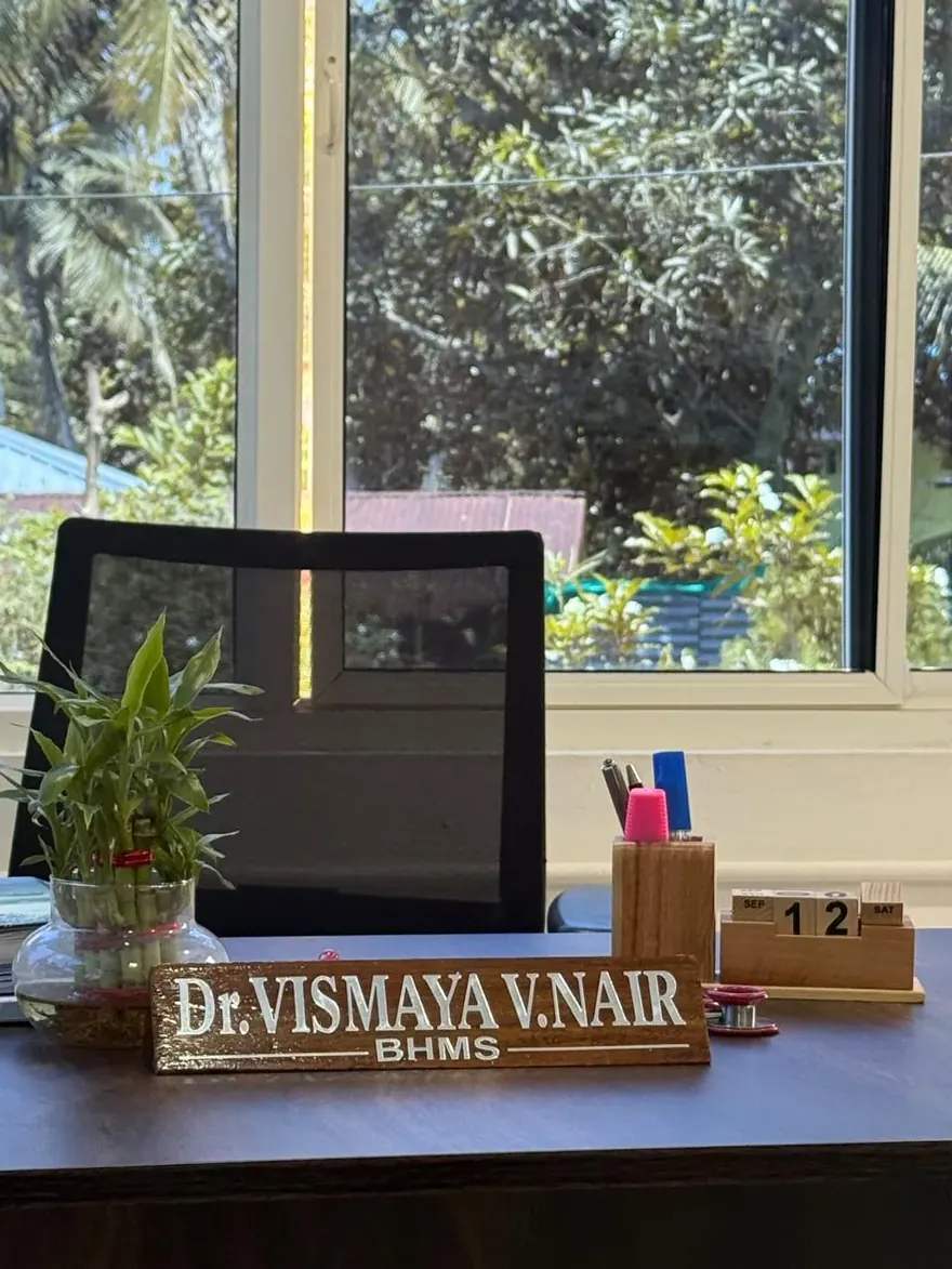 Consultation desk at Dr. Vismaya's Her & Little Wellness Centre homoeopathy clinic Neyyattinkara